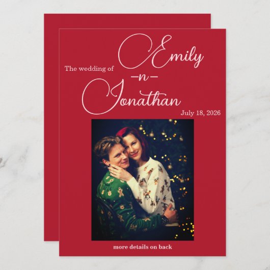 Chic Editorial Deep Red One Photo Wedding 招待状 (正面/裏面)