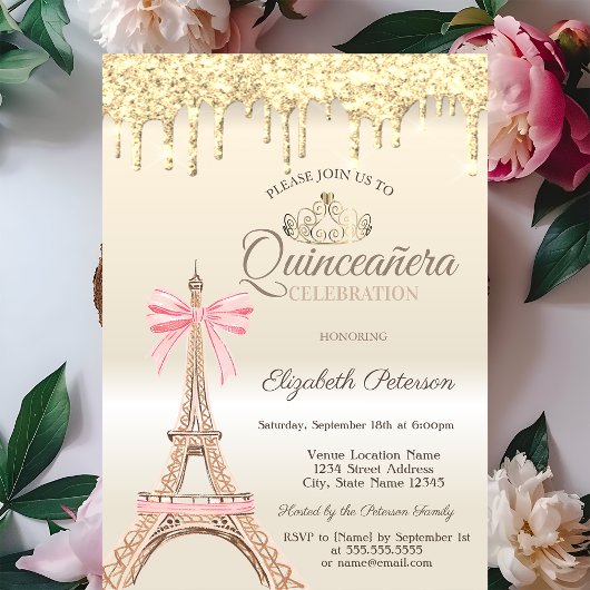 Chic Eiffel Tower Bow Drips Gold Quinceañera  招待状