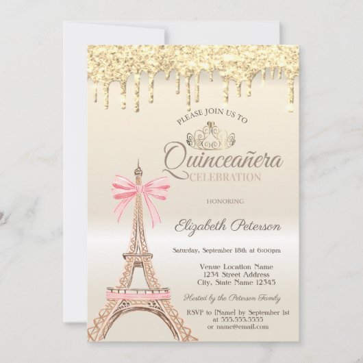 Chic Eiffel Tower Bow Drips Gold Quinceañera  招待状 (正面)