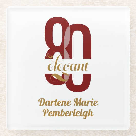 Chic Eighty & Elegant Ruby Red Gold 80th Birthday ガラスコースター (正面)