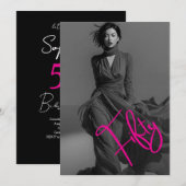 Chic Elegant Black & Pink Photo 50th Birthday  招待状 (正面/裏面)