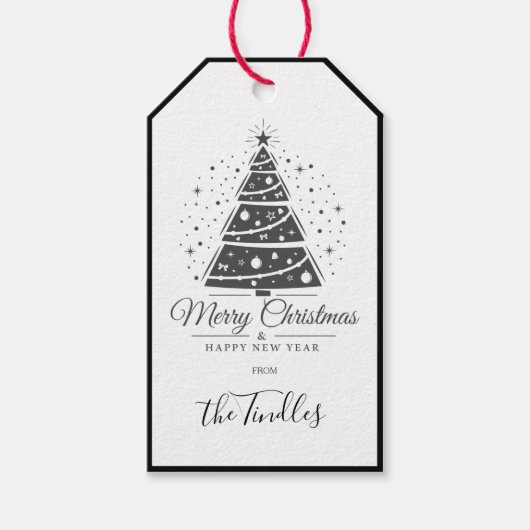 Chic Elegant Black White Script Christmas Tree ギフトタグ (正面)