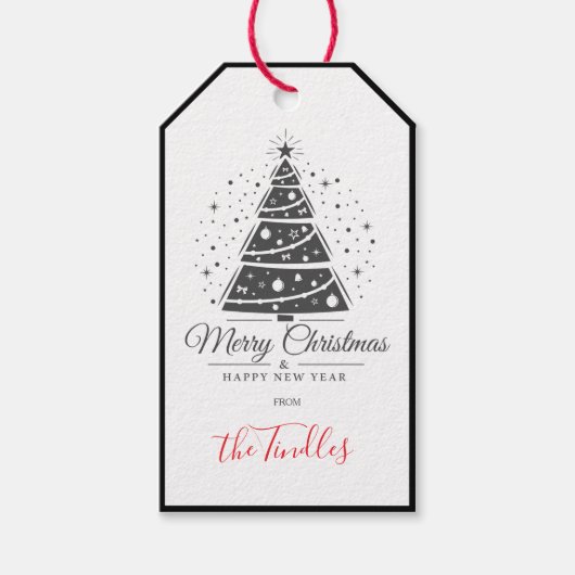 Chic Elegant Black White Script Christmas Tree ギフトタグ (正面)