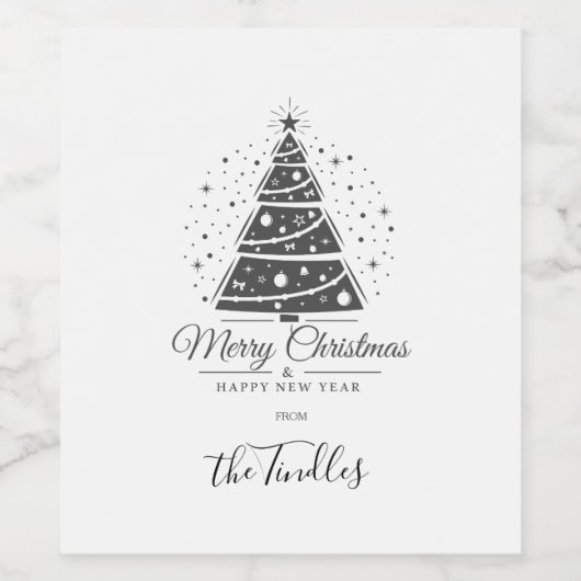Chic Elegant Black White Script Christmas Tree ワインラベル (シングルラベル)