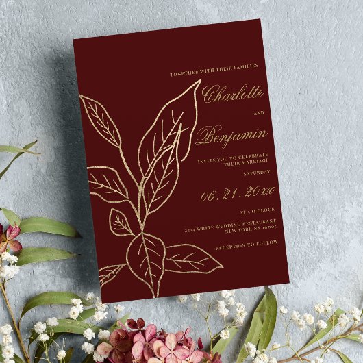 Chic elegant burgundy gold glitter floral wedding  招待状
