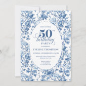 Chic Elegant Navy Toile de Jouy Rose 50th Birthday 招待状 (正面)