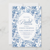 Chic Elegant Navy Toile de Jouy Rose Bridal Shower 招待状 (正面)