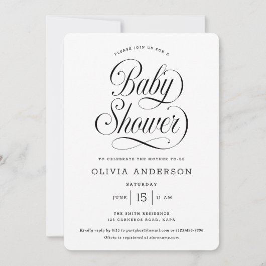Chic Elegant Script Black & White Baby Shower 招待状 (正面)