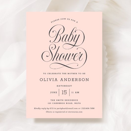 Chic Elegant Script  Blush Pink Girl Baby Shower 招待状