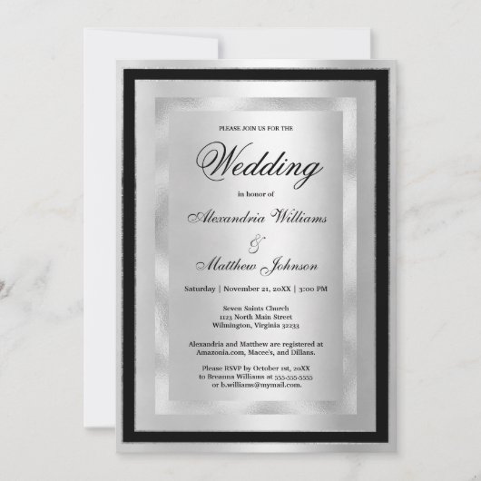 Chic Elegant Silver Black Glamour Luxury Wedding  招待状 (正面)