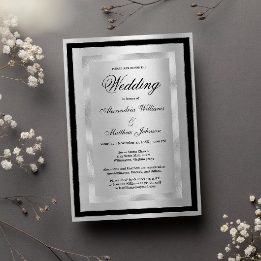 Chic Elegant Silver Black Glamour Luxury Wedding 招待状