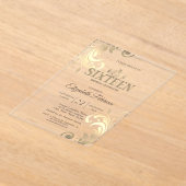 Chic Elegant Swirls Gold Tiara Sweet 16 アクリル招待状 (レイダウン)
