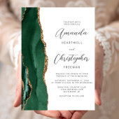 Chic Emerald Green Gold Agate Script Wedding 招待状