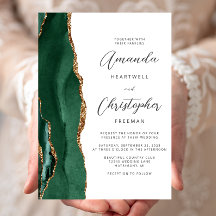 Chic Emerald Green Gold Agate Script Wedding