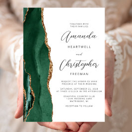 Chic Emerald Green Gold Agate Script Wedding 招待状