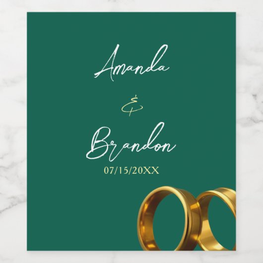 Chic Emerald Green Gold Rings Wedding ワインラベル (シングルラベル)
