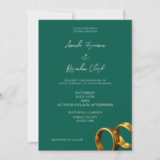 Chic Emerald Green Gold Rings Wedding 招待状 (正面)