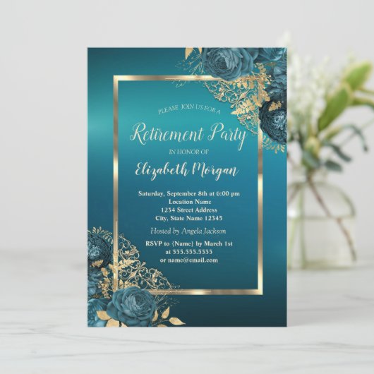 Chic Emerald Green Roses Frame Retirement Party 招待状 (スタンド正面)