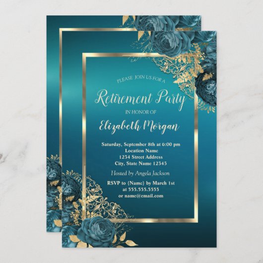 Chic Emerald Green Roses Frame Retirement Party 招待状 (正面/裏面)