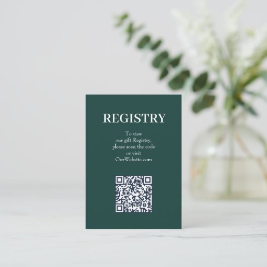 Chic Emerald Green Wedding Registry QR Code エンクロージャーカード (スタンド正面)