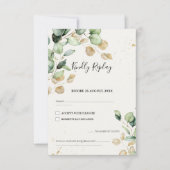 Chic Eucalyptus Leaves with Gold Accents Wedding 出欠カード (正面)