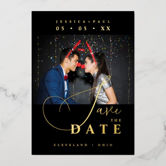 Chic Exquisite Script Photo Christmas Golden 箔招待状 (正面)