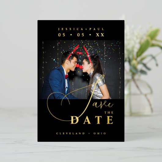 Chic Exquisite Script Photo Christmas Golden 箔招待状 (立ち正面)