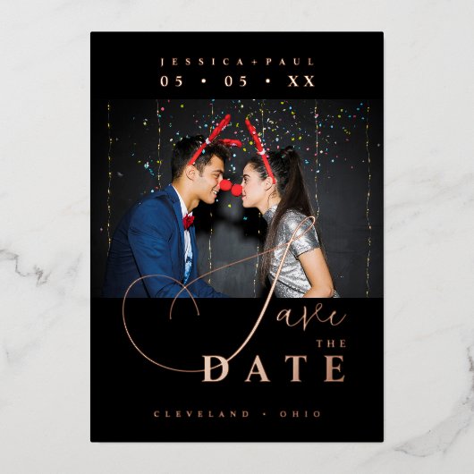 Chic Exquisite Script Photo Christmas Rose Gold  箔招待状 (正面)