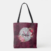 Chic faux Silver Glitter Burgundy Floral monogram トートバッグ (裏面)