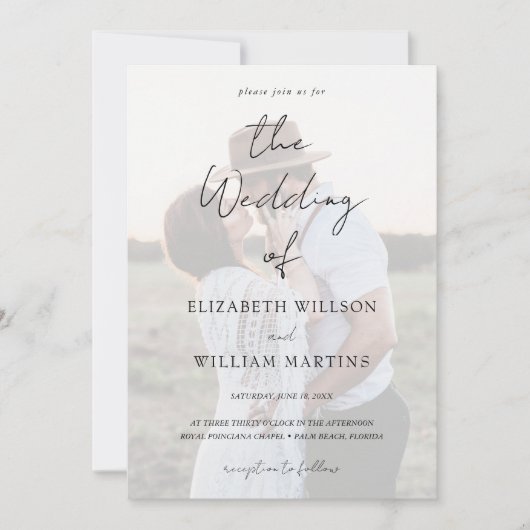 Chic Faux Vellum Effect Photo Wedding QR Code RSVP 招待状 (正面)