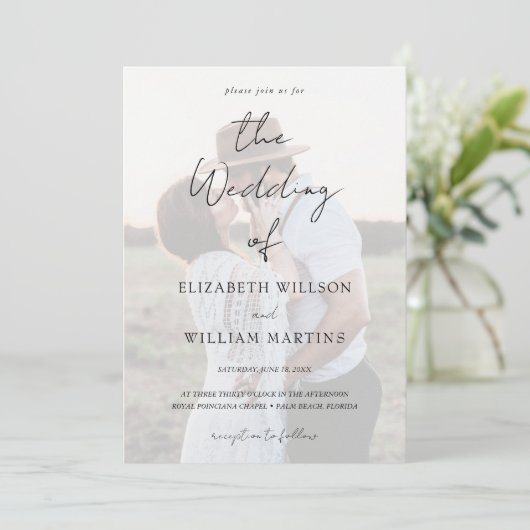 Chic Faux Vellum Effect Photo Wedding QR Code RSVP 招待状 (スタンド正面)