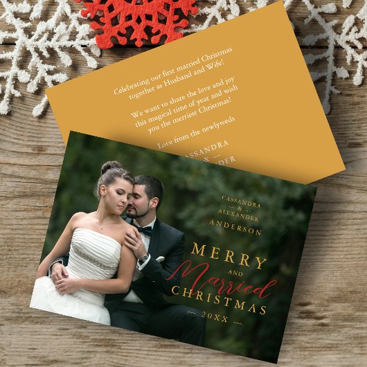 Chic First Christmas Married In Red & Gold Photo シーズンカード