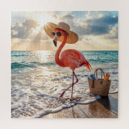 Chic Flamingo with Sun Hat and Sunglasses ジグソーパズル (縦)