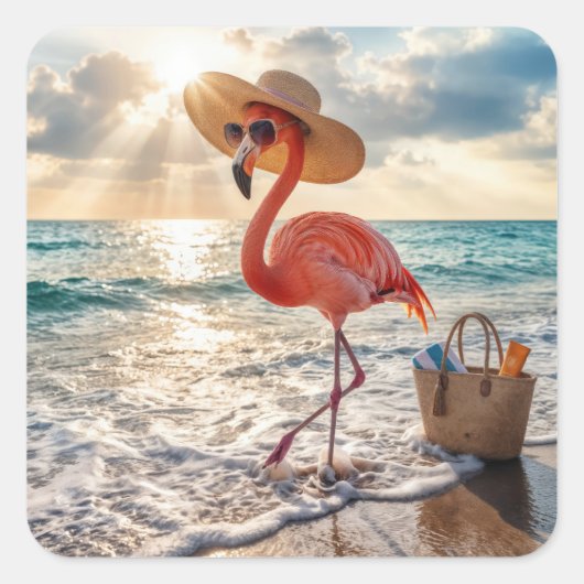 Chic Flamingo with Sun Hat and Sunglasses スクエアシール (正面)