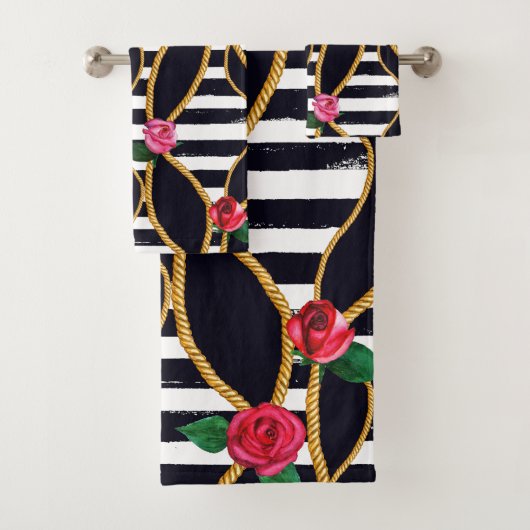 Chic Floral and Rope Pattern with Bold Stripes バスタオルセット (インサイチュ)