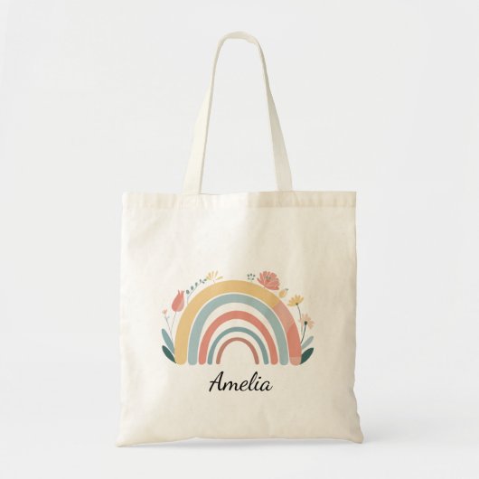 Chic Floral Boho Rainbow Minimalist Tote Bag トートバッグ (正面)