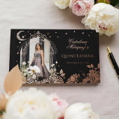 Chic Floral Celestial Moon Stars Photo Quinceañera ゲストブック