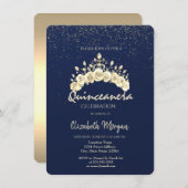 Chic Floral Crown Navy Blue Gold Quinceañera  招待状 (正面/裏面)