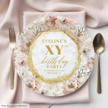 Chic Floral Dusty Pink Gold Birthday Paper Plates