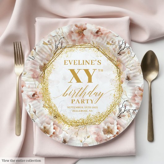 Chic Floral Dusty Pink Gold Birthday Paper Plates ペーパープレート