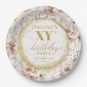Chic Floral Dusty Pink Gold Birthday Paper Plates ペーパープレート (正面)
