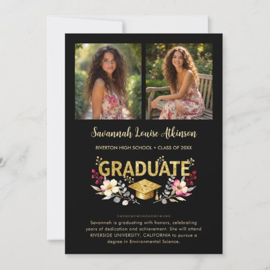 Chic Floral Graduation Photo Collage Gold Script 案内状 (正面)