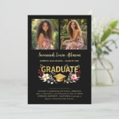 Chic Floral Graduation Photo Collage Gold Script 案内状 (スタンド正面)