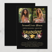 Chic Floral Graduation Photo Collage Gold Script 案内状 (正面/裏面)