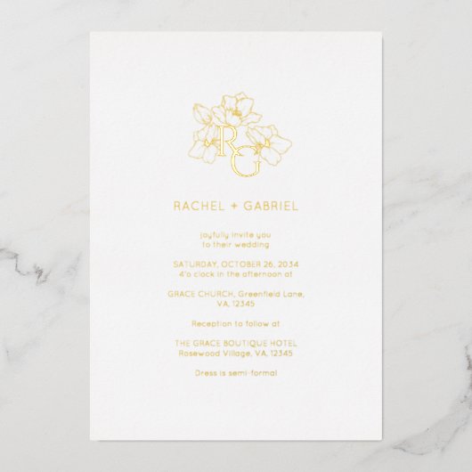 Chic Floral Monogram Foil Wedding Invitation 箔招待状 (正面)
