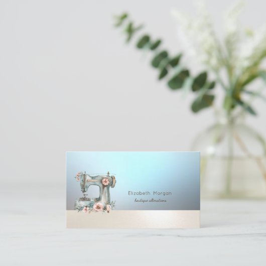 Chic Floral Sewing Machine Blue Business Card 名刺 (スタンド正面)