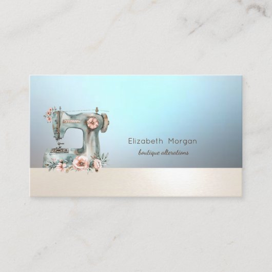 Chic Floral Sewing Machine Blue Business Card 名刺 (正面)