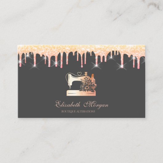 Chic Floral Sewing Machine Glitter Drips  名刺 (正面)