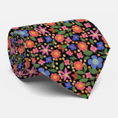 Chic Folk Art Style Floral on Black Unisex Necktie ネクタイ (ロール)