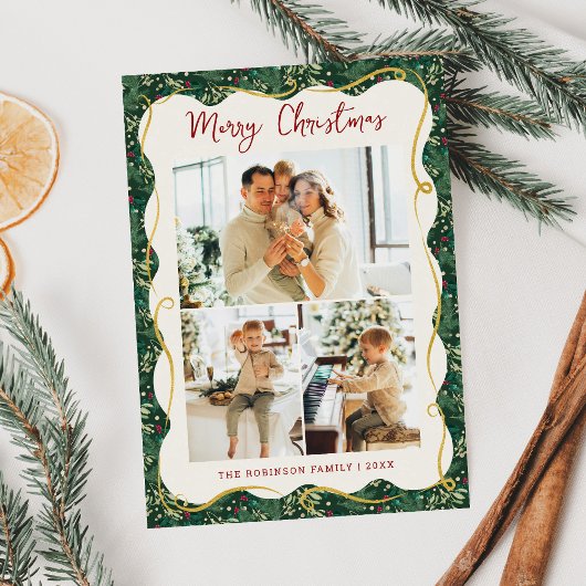 Chic Forest Green Botanical Christmas 3 Photo シーズンカード
